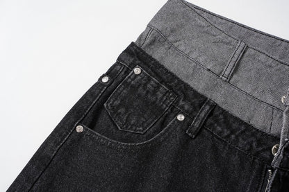 Double Waist Studs Detail Wide Leg Denim Jeans WN28026