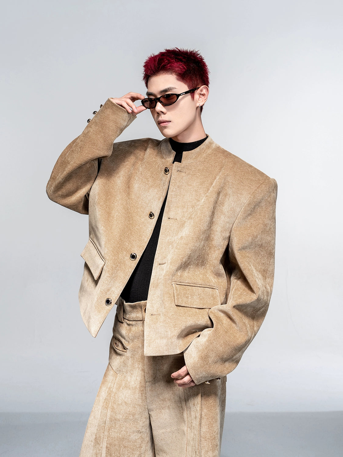 Shoulder-Pad Velvet Tailored Jacket & Wide Leg Trousers Setup WN20882