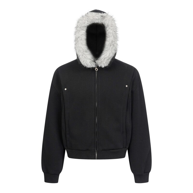 Fake Fur Collar Deconstructed Short Length Oversize Hoodie WN24236