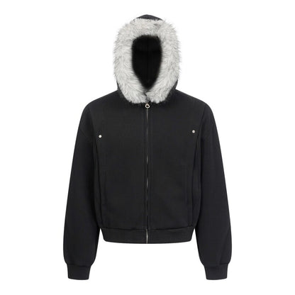 Fake Fur Collar Deconstructed Short Length Oversize Hoodie WN24236