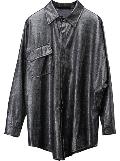 PU Leather Gloss Oversize Long Sleeve Shirt WN22322