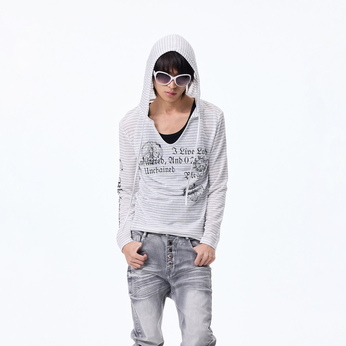 Striped Print Hooded Cropped Long Sleeve T-Shirt WN27315