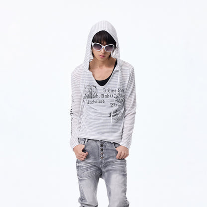Striped Print Hooded Cropped Long Sleeve T-Shirt WN27315