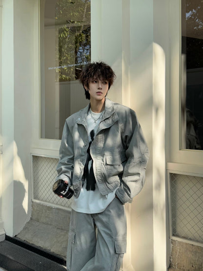 Washed Workwear Straight Oversize Denim Jacket & Wide Leg Straight Cargo Denim Jeans Setup WN23170