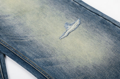 Washed Whisker Damage Wide Leg Denim Jeans WN26008