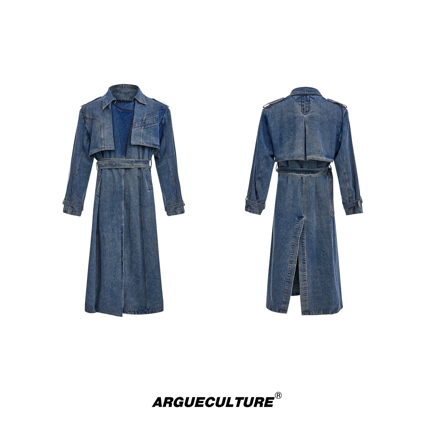 Washed Double Breasted Long Denim Coat WN8684