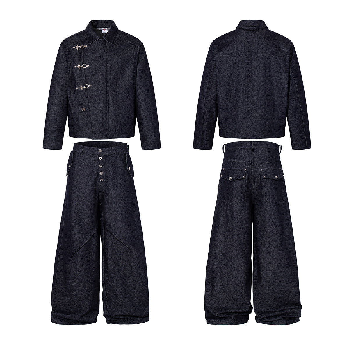 Washed Raw Denim Metal Buckle Jacket & Wide Leg Denim Jeans Setup WN23048