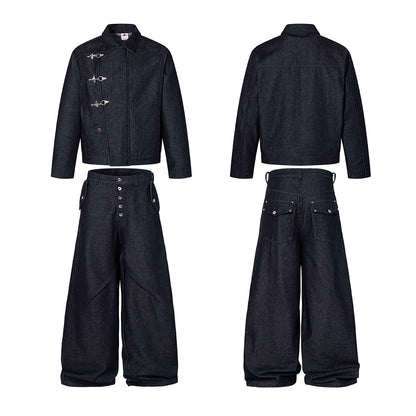 Washed Raw Denim Metal Buckle Jacket & Wide Leg Denim Jeans Setup WN23048