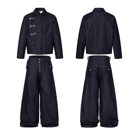 Washed Raw Denim Metal Buckle Jacket & Wide Leg Denim Jeans Setup WN23048