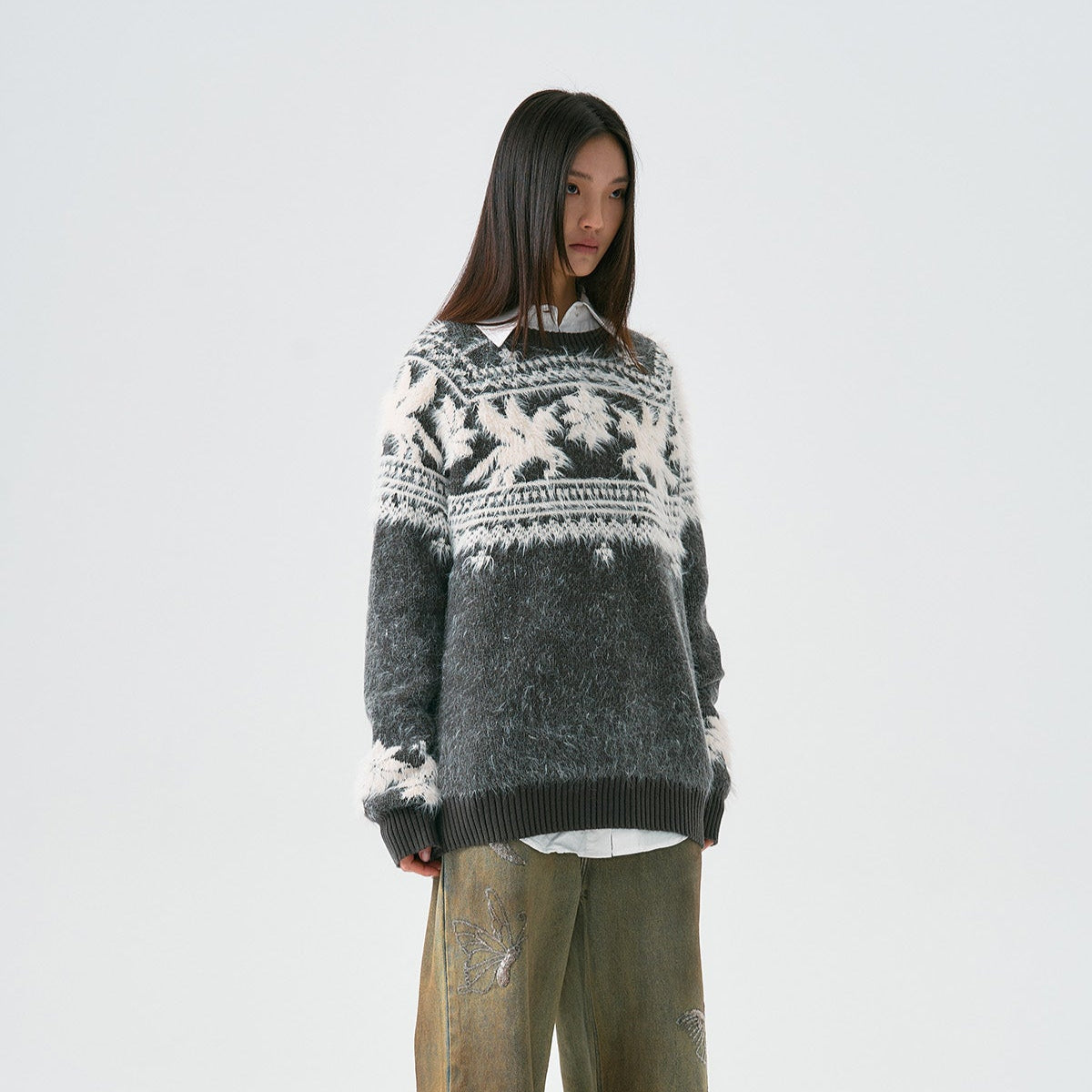 Unicorn Design Wool Blend Fake Mink Fair Knit Sweater WN19047