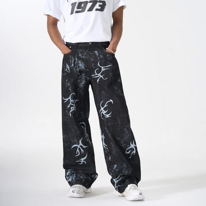 Graffiti Totem Print Wide Leg Denim Jeans WN27881