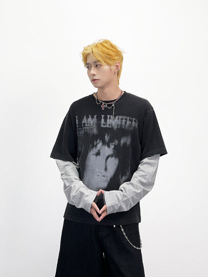 Fake Layered Portrait Print Damage Long Sleeve T-Shirt WN24281