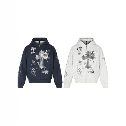 Cross Music-Note Print Drop-Shoulder Oversize Zipper Hoodie WN27937