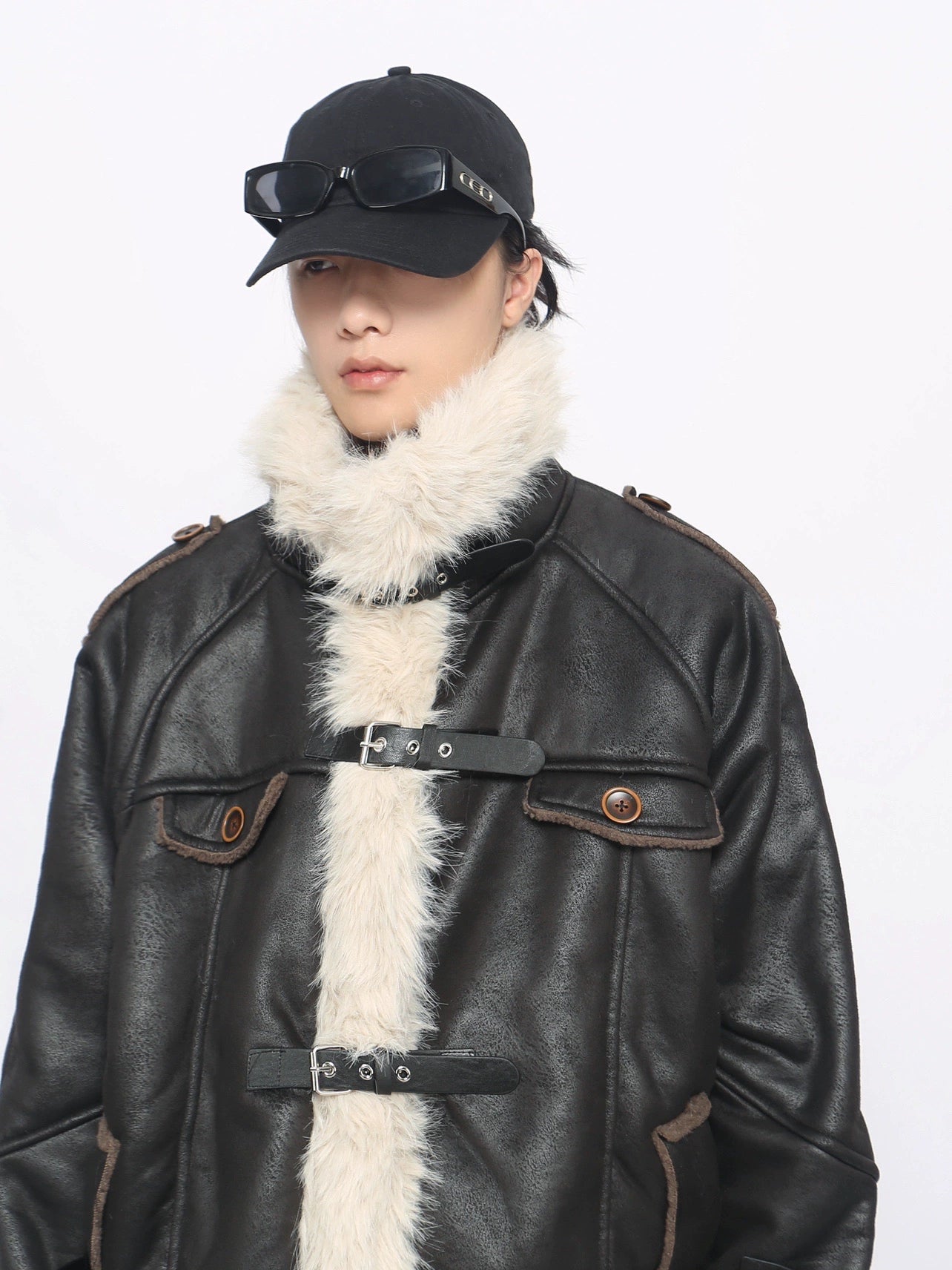 Fake Fur Neck PU Leather Quilting Jacket WN10908