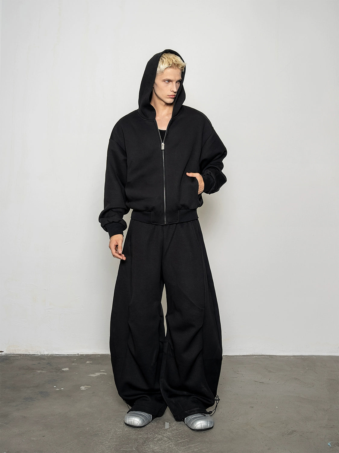 Pleated Zipper Hoodie & Wide Leg Pants Setup WN20877