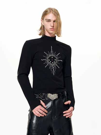 Embroidery Pearl High-Neck Long Sleeve T-Shirt WN22644