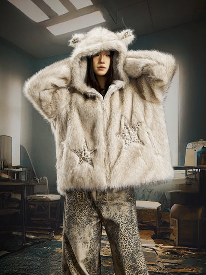 Fake Fur Ear Detail Star Hooded Puffer Jacket & Leopard Print Fake Fur Trim Halter Tank Top & Fake Fur Star Short Pants Setup WN22785