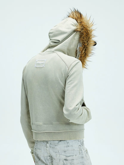 Detachable Fake Fur Washed Zipper Hoodie WN9072