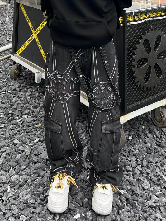 Rivet Strap Panel Wide Leg Denim Jeans WN24135