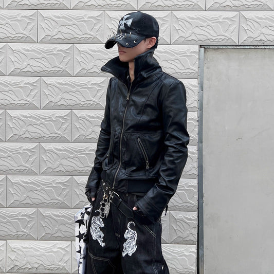 PU Leather Zipper Stand Neck Short Jacket WN24036