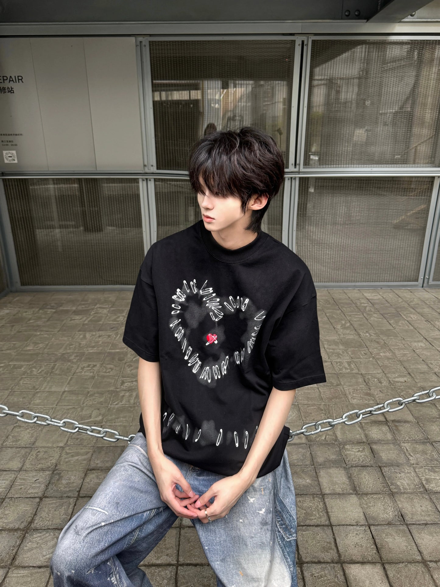 Safety Pin Heart Print Oversize Short Sleeve T-Shirt WN20753