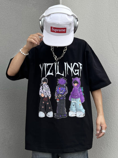 Illustration Print Oversize Short Sleeve T-Shirt & Pullover Hoodie & Zipper Hoodie WN24061