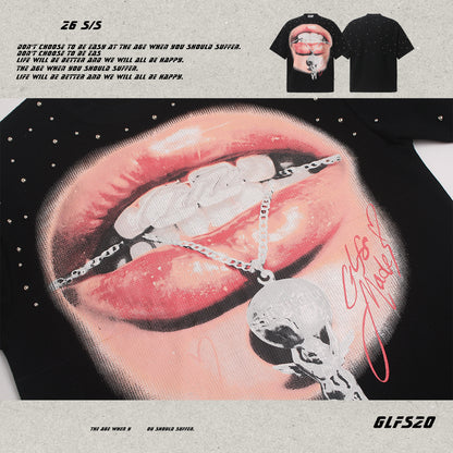 Studs Lip Skull Graphic Short Sleeve T-Shirt WN26419