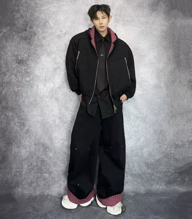 Deconstructed Structured Heavyweight Hooded Jacket & Wide Leg Pants Setup WN27845