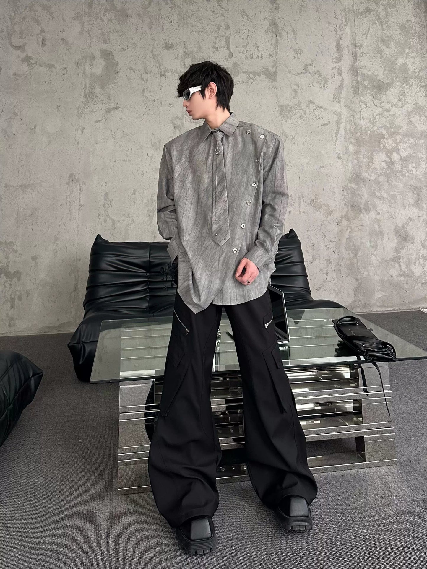 Shoulder-Pad Tie Design Oversize Long Sleeve Shirt WN16759