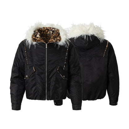 Fake Fur Collar Leopard Fleece Lining Puffer Jacket WN21924