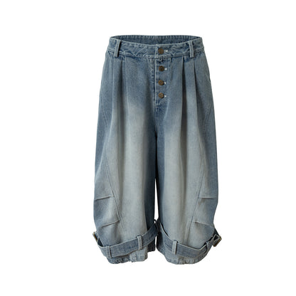 Lace-Up Washed Wide Leg Denim Short Pants WN25611