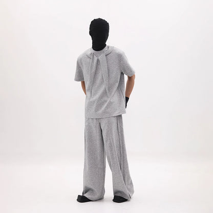Scarf Collar Design Oversize Short Sleeve T-Shirt & Wide Leg Sweatpants Setup WN18658