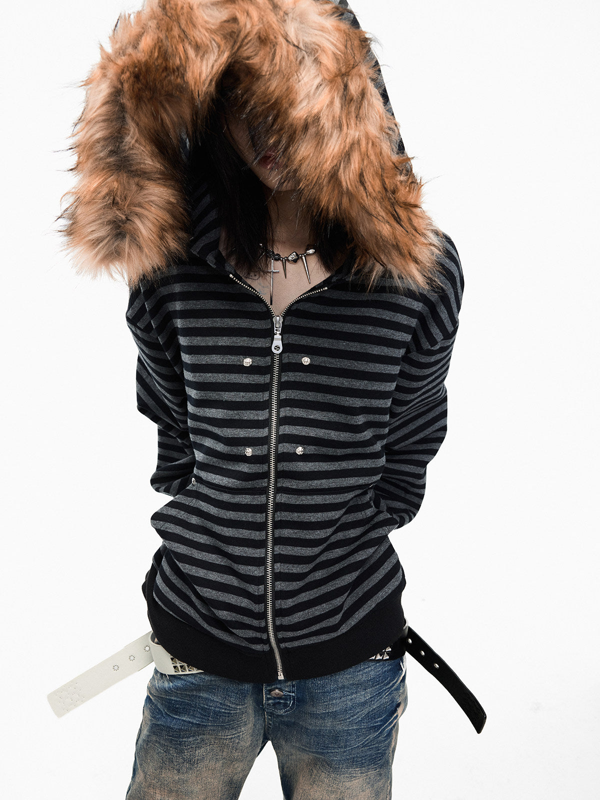 Fur Collar Stripe Oversize Zipper Hoodie WN27336