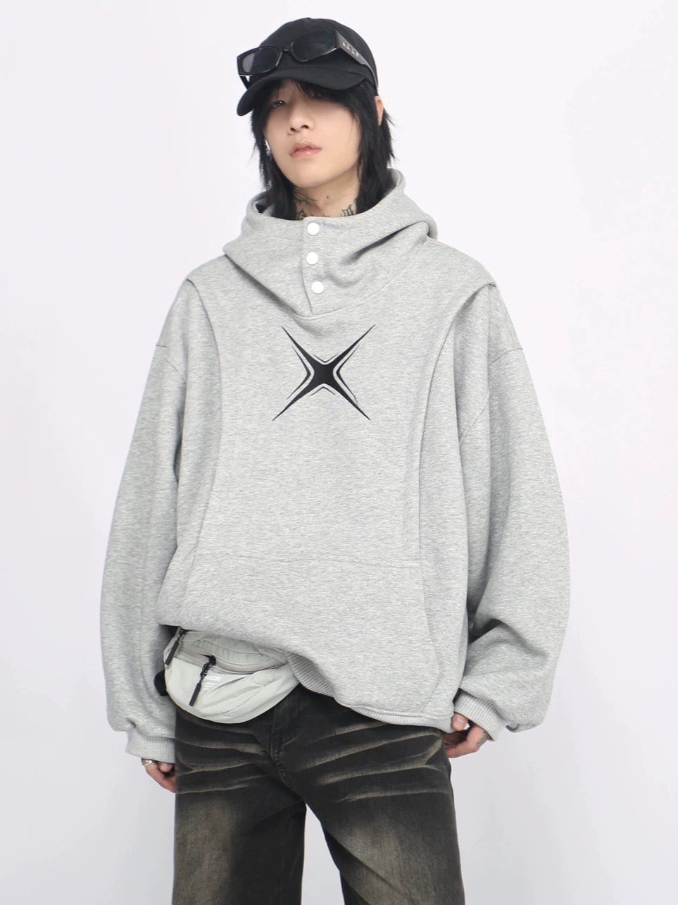 Heavyweight Design Button High Neck Hoodie WN8393