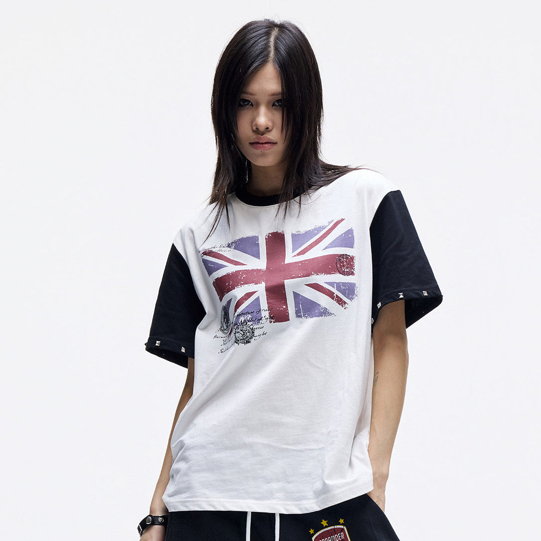 Contrast Sleeve Stud Graphic Print Short Sleeve T-Shirt WN27262