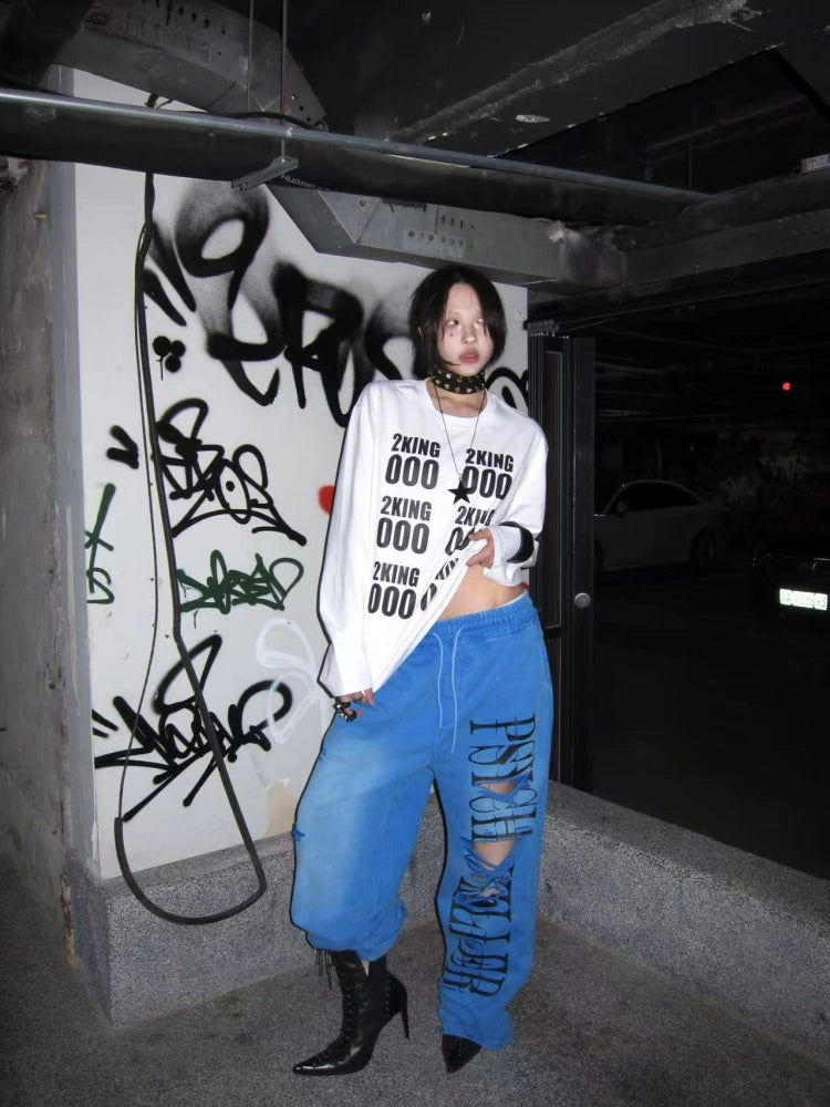 Print Washed Wide Leg Sweat Pants WN19084