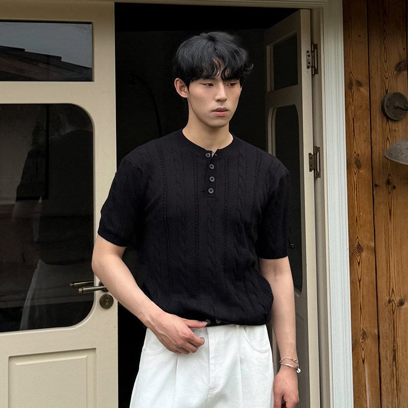 Cable Knit Henley Short Sleeve Polo Shirt WN24895