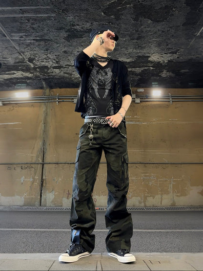 Camo Studs Detail Straight Cargo Pants WN27217