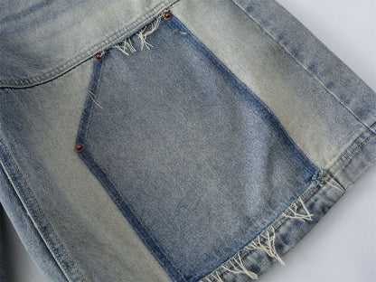 Washed Patchwork Raw Edge Cropped Denim Pants WN26827