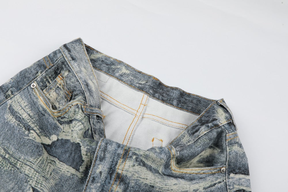 3D Print Damage Washed Wide Leg Denim Jeans WN27953