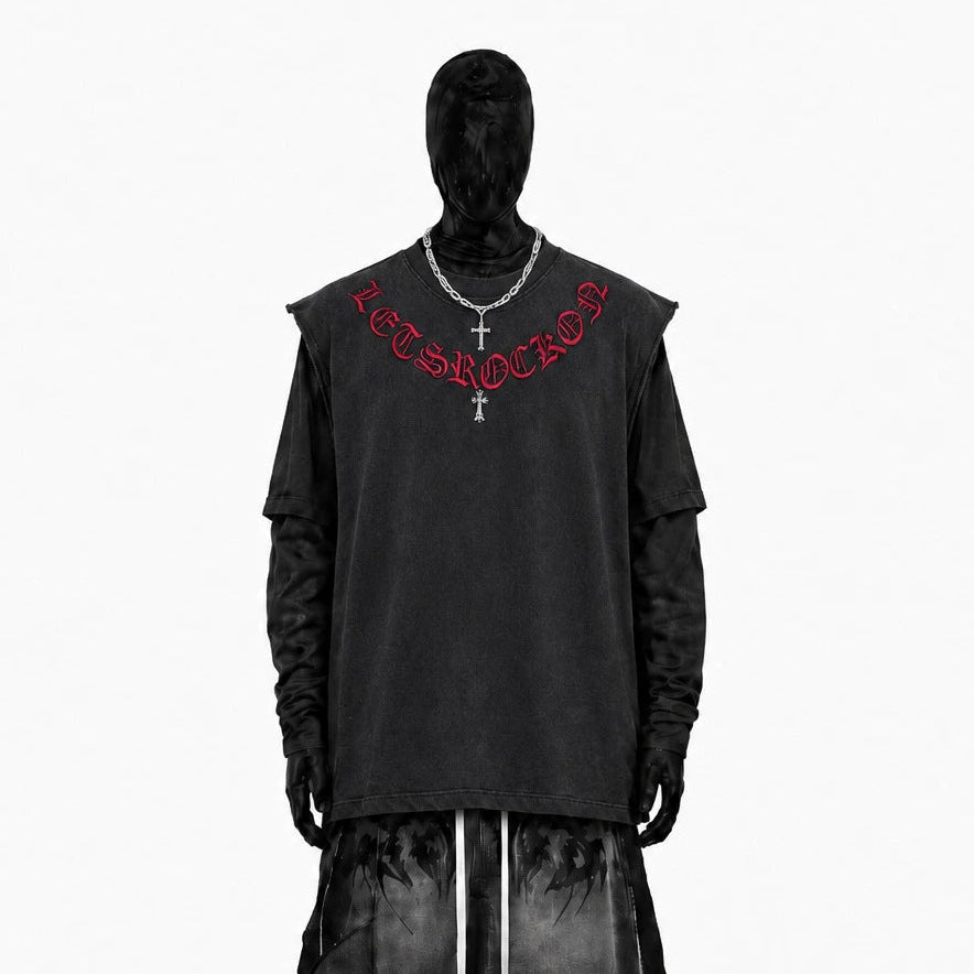 Washed Gothic Letter Embroidery Sleeveless T-Shirt WN27947