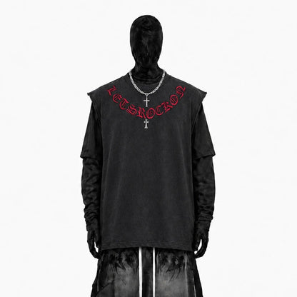 Washed Gothic Letter Embroidery Sleeveless T-Shirt WN27947