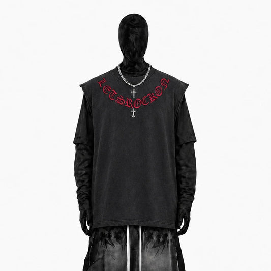 Washed Gothic Letter Embroidery Sleeveless T-Shirt WN27947