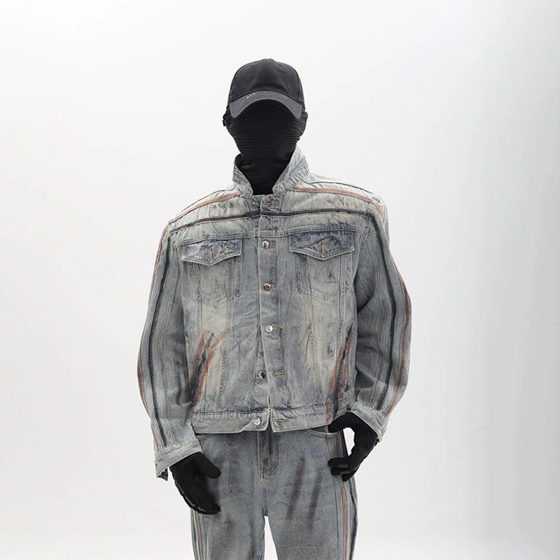 Washed Shoulder-Pad Denim Jacket ＆ Straight Denim Jeans Setup WN18655