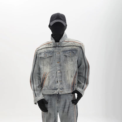 Washed Shoulder-Pad Denim Jacket ＆ Straight Denim Jeans Setup WN18655