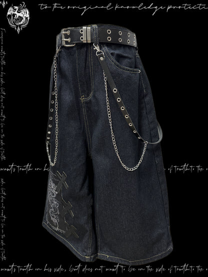 Patchwork Wide Leg Half Denim Jeans & Belt & Chain WN20127