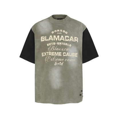 Letter Print Patchwork Wash Damage Short Sleeve T-Shirt WN25598