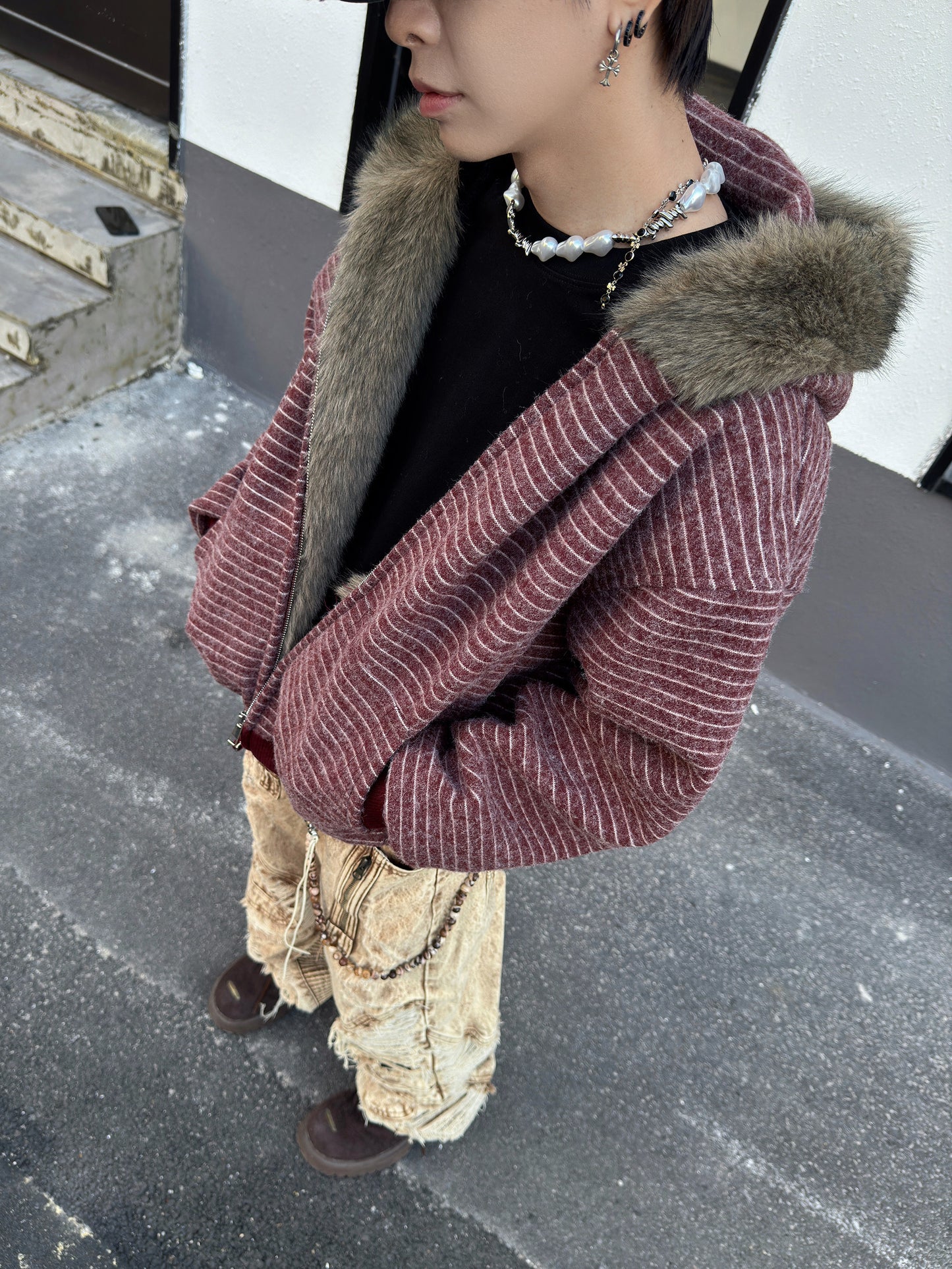 Fur Collar Striped Fleece Lining Short Zipper Hoodie WN23000