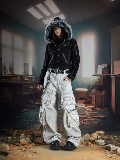 Embroidery Detachable Fur-Collar Denim Jacket WN21352