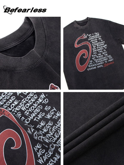 Washed Heavyweight Snake Letter Print Oversize Short Sleeve T-Shirt WN26362